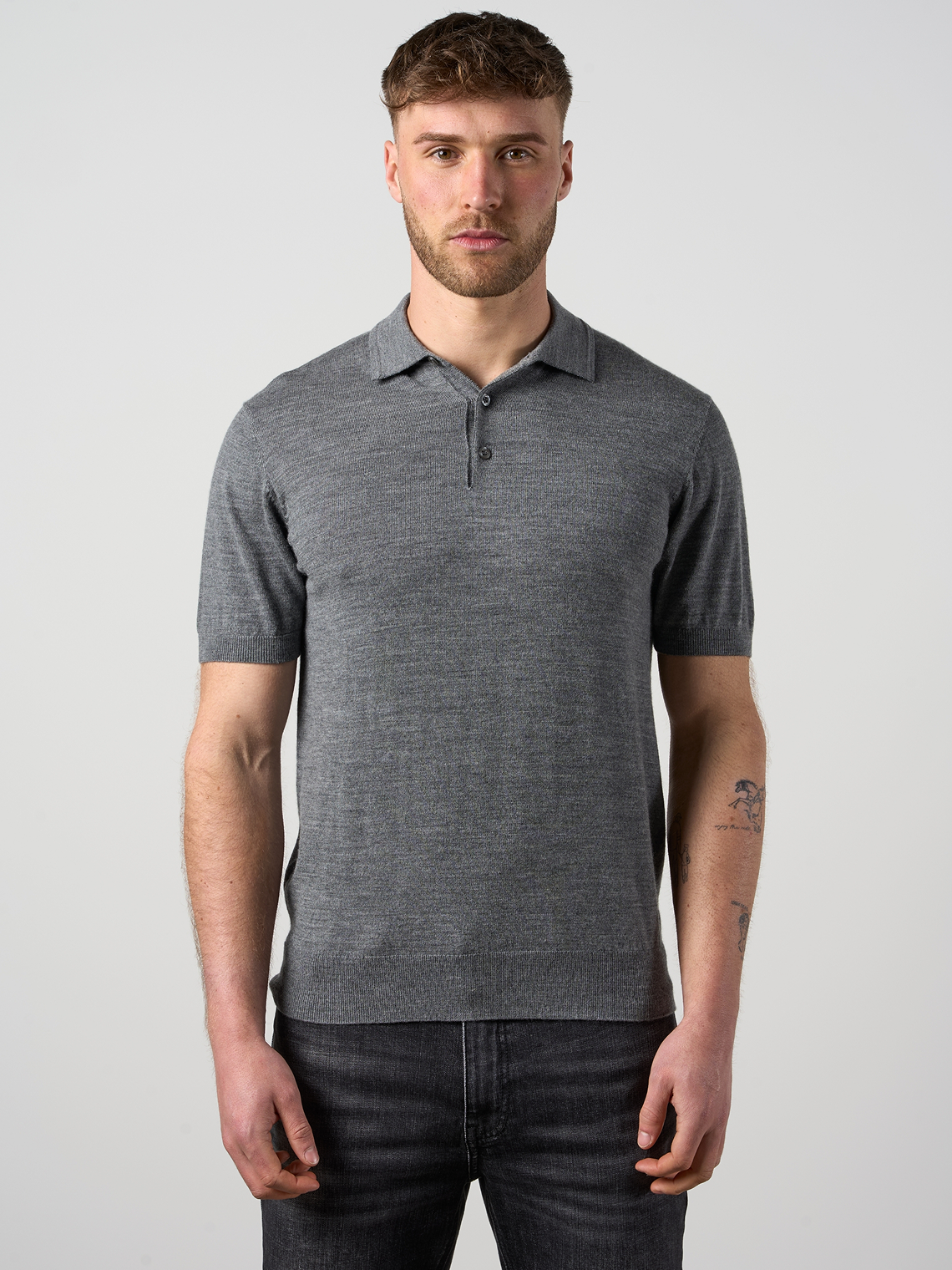 Merino Wool Button Polo Shirt Charcoal Marl