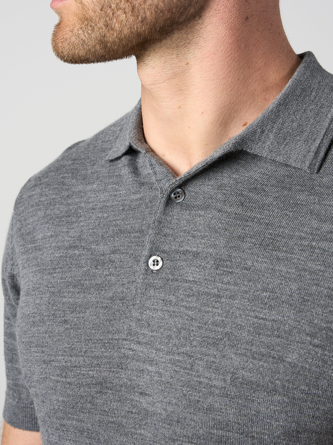 Merino Wool Button Polo Shirt Charcoal Marl