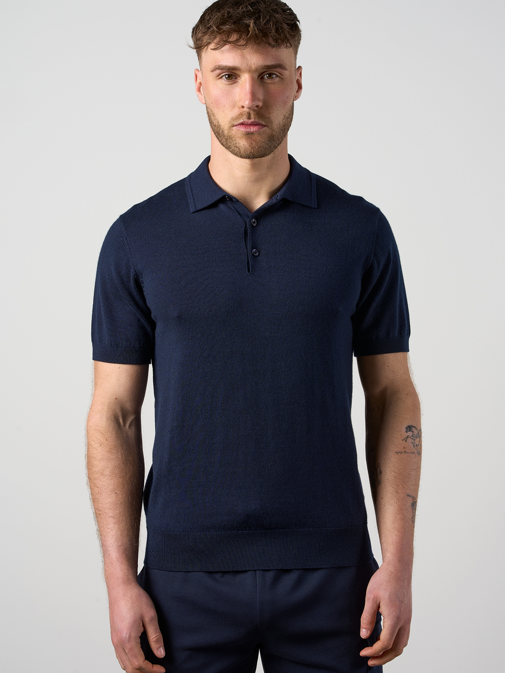 Merino Wool Button Polo Shirt Navy
