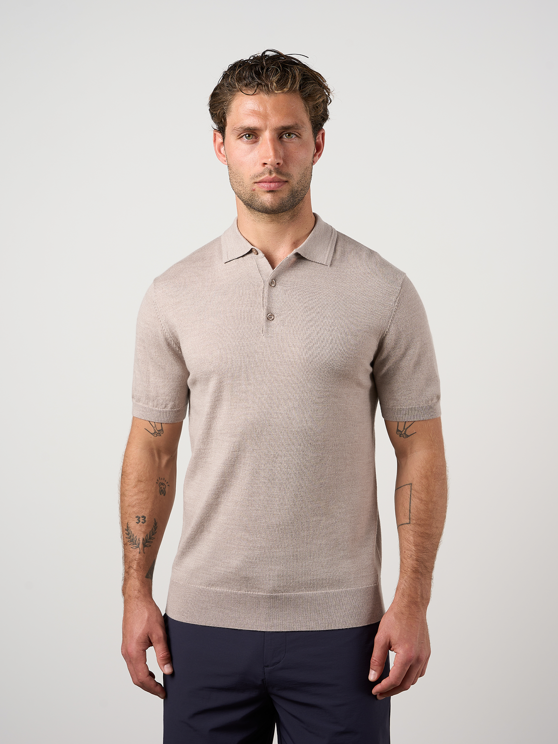 Merino Wool Button Polo Shirt Warm Wheat Marl