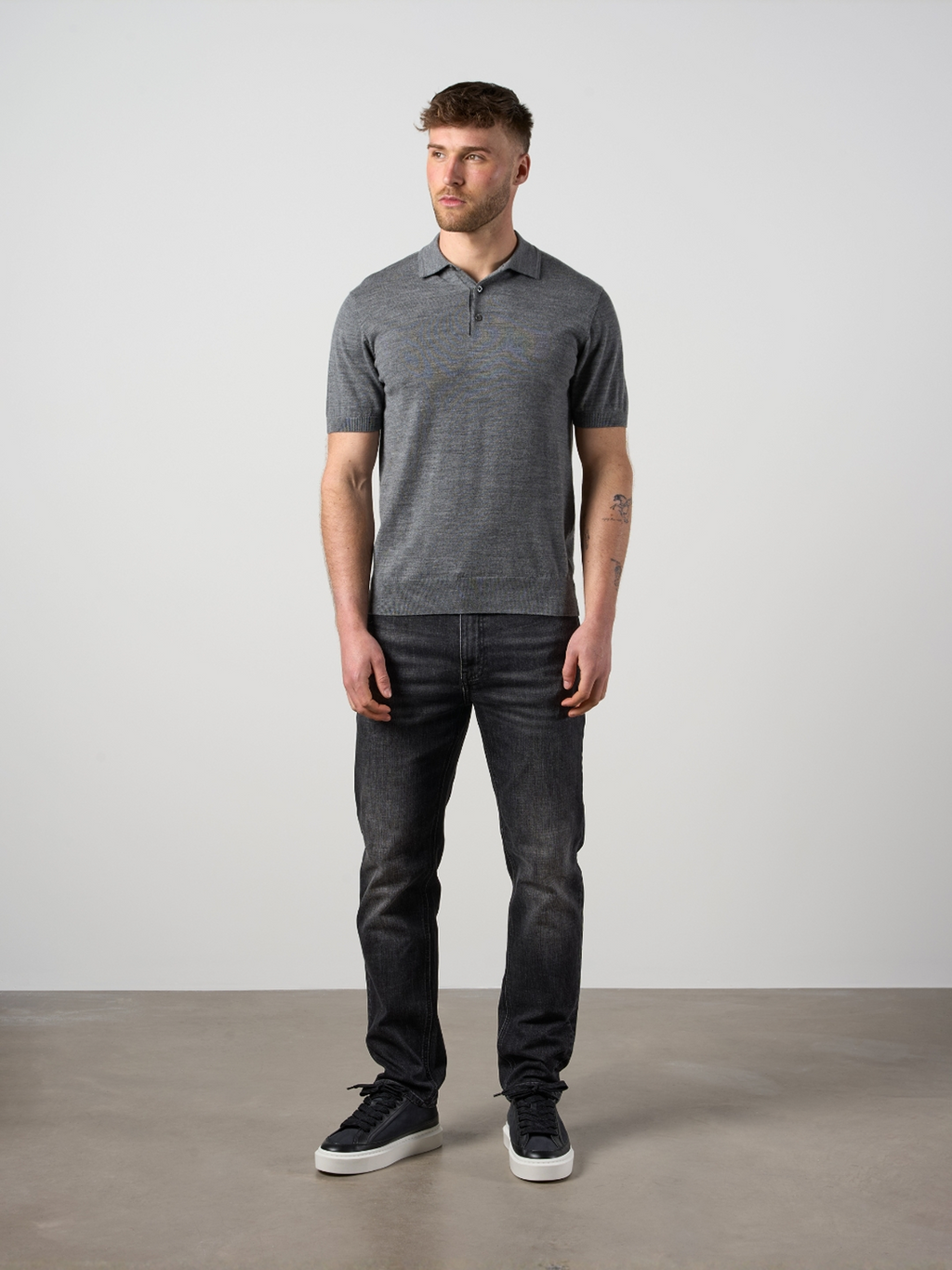 Merino Wool Button Polo Shirt Charcoal Marl