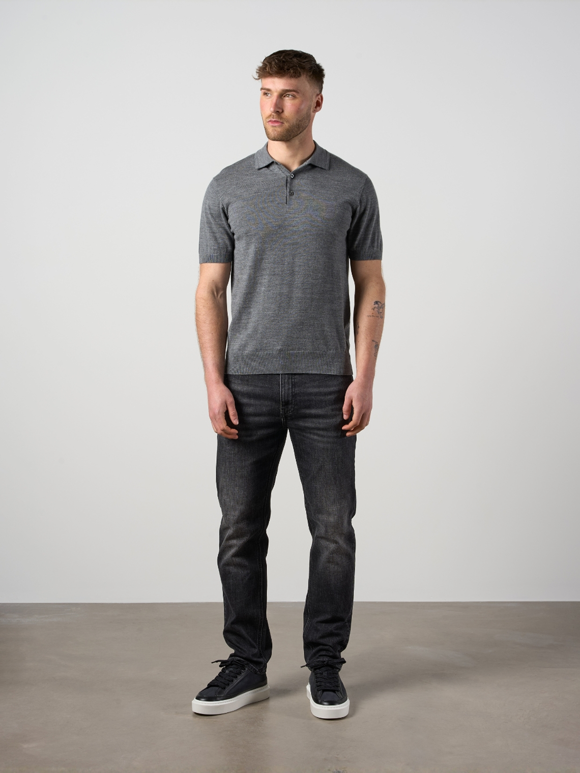 Merino Wool Button Polo Shirt Charcoal Marl